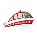 Cute crocodile doctor driving ambulance boat, animal in emergency