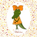Cute crocodile girl in dress with a flower in a hand