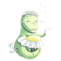 A cute crocodile is guessing on a camomile. Watercolor character.