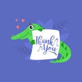 Cute Crocodile Holding Card with Thank You Massage, Adorable Animal with Placard Vector Illustration Royalty Free Stock Photo