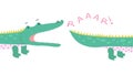 Cute crocodile print. Green alligator cartoon style, boy t-shirt sticker. African wild animal bite tail, isolated