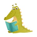 Cute crocodile reading book. Smart baby animal sitting and studying with book cartoon vector illustration Royalty Free Stock Photo