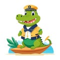 Cute Crocodile Sailor Captain Cartoon Icon