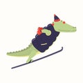 Cute crocodile ski jumping in winter