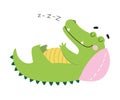 Cute Crocodile Sleeping on Pillow, Funny Alligator Predator Green Animal Character Cartoon Style Vector Illustration