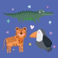 Cute crocodile tiger and parrot animal safari cartoon with leaves