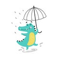 Cute Crocodile Walking with Umbrella in Rainy Day, Funny Alligator Predator Animal Character Cartoon Style Vector