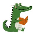 A cute crocodile on a white background is reading a book. A flat vector illustration in a simple children's style. Royalty Free Stock Photo