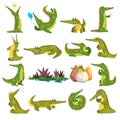 Cute Crocodiles In Different Activities Set. Funny Alligator Walking, Sleeping And Swimming Vector