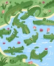 Cute crocodiles in pond. Colorful cartoon scene for worksheet. Nature and animals. Illustration for book design.