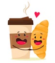 Cute croissant and coffee in a paper cup in a hug. Love forever. Vector illustration in cartoon flat style.