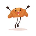 Cute croissant with funny face jumping with arms raised, humanized dessert cartoon character vector Illustration on a