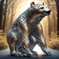 A cute, crouching, all-metal mechanical bear with intricate, full-length rippling detail against an ethereal, glowing forest