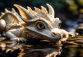 Cute crouching baby dragon created with Generative AI