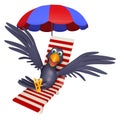 cute Crow cartoon character with beach chair Royalty Free Stock Photo