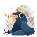 Cute crow in a hat with daisies on a summer lawn