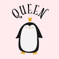 Cute crown wearing penguin illustration with text spelling QUEEN, on a pale pink background