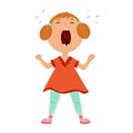 Cute crybaby girl stands and sheds tears, wide-open mouth. Character crying baby. Vector flat illustration.