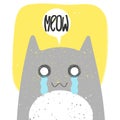 Cute crying cat with anime emotion and speech babble saying meow. Hand drawn vector illustration of kitty in flat cartoon design.