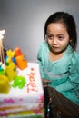 Cute crying little  girl celebrating birthday. Child unhappy for no reason indoor Royalty Free Stock Photo