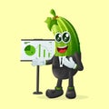 Cute cucumber character presenting financial reports