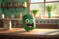 Cute cucumber sweet smile at kitchen, 3D render style. AI Generated