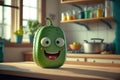 Cute cucumber sweet smile at kitchen, 3D render style. AI Generated