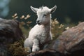 A cute and cuddly baby goat playing on a rock Generative AI Royalty Free Stock Photo