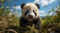 a cute cuddly baby panda in the green grass plays hops and has fun, generative AI