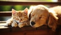 Cute and cuddly cat and dog peacefully sleeping side by side on a sunny summer day at home