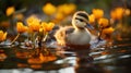 cute cuddly little duck swims alone through a lake