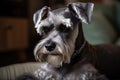 A cute and cuddly Miniature Schnauzer sitting on a lap, enjoying some cuddle time. Generative AI Royalty Free Stock Photo