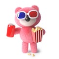 Cute cuddly pink teddy bear eating popcorn and drinking soda while watching a 3d movie, 3d illustration