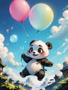 Cute baby panda flying with a balloon. Adorable baby panda soaring with a balloon. Royalty Free Stock Photo