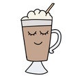 Cute Cup Of Coffee. Hand drawn lines cartoon characters. Cappuccino, americano, latte, mocha. Concept of morning and