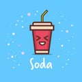 Cute cup of soda cartoon comic character with smiling face happy emoji kawaii style fresh drink concept