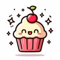 Cute cupcake with a cherry and stars, smiley happy pastry, Vector Illustration kawaii cupcake icon, generative ai