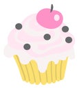 Cute cupcake with cherry on top. Sweet pink cartoon muffin