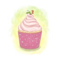 Cute cupcake with cream and little strawberries on top on the white background