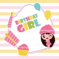 Cute cupcake girl with birthday candle and gift cartoon illustration for Happy Birthday card design Royalty Free Stock Photo