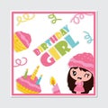 Cute cupcake girl, candle and birthday cake cartoon illustration for Happy Birthday card design Royalty Free Stock Photo