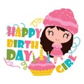 Cute cupcake girl with her birthday cake cartoon illustration for Happy Birthday card design Royalty Free Stock Photo