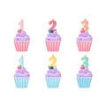 Cute cupcake of lilac color, in pink and blue. Number one, number two, number three. A set for postcards. Vector Royalty Free Stock Photo