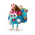Cute cupcake mascot carrying a schoolbag, backpack, back to school