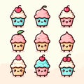 Cute cupcake pastry character vector design. Cute cupcake emoticon set, kawaii cupcake icon, generative ai
