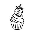 Cute cupcake with a strawberry icon in black color isolated on white background. Trendy line art. Vector illustration. Royalty Free Stock Photo