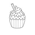 Cute cupcake with a sweet stick isolated element. Black and white print