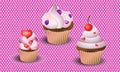 Cute cupcakes with cherries, blueberries and hearts. Vector illustration