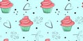 Cute cupcakes with hearts and leaves on blue background. Seamless pattern with muffins.