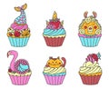 Cute cupcakes with pretty sweet animals set Royalty Free Stock Photo